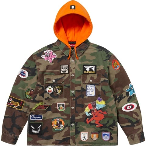 Supreme Patches Hooded Zip Up Shirt - Woodland Camo