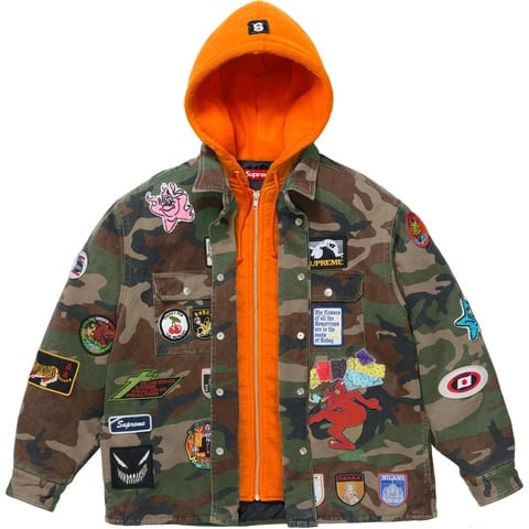 Supreme Patches Hooded Zip Up Shirt - Woodland Camo