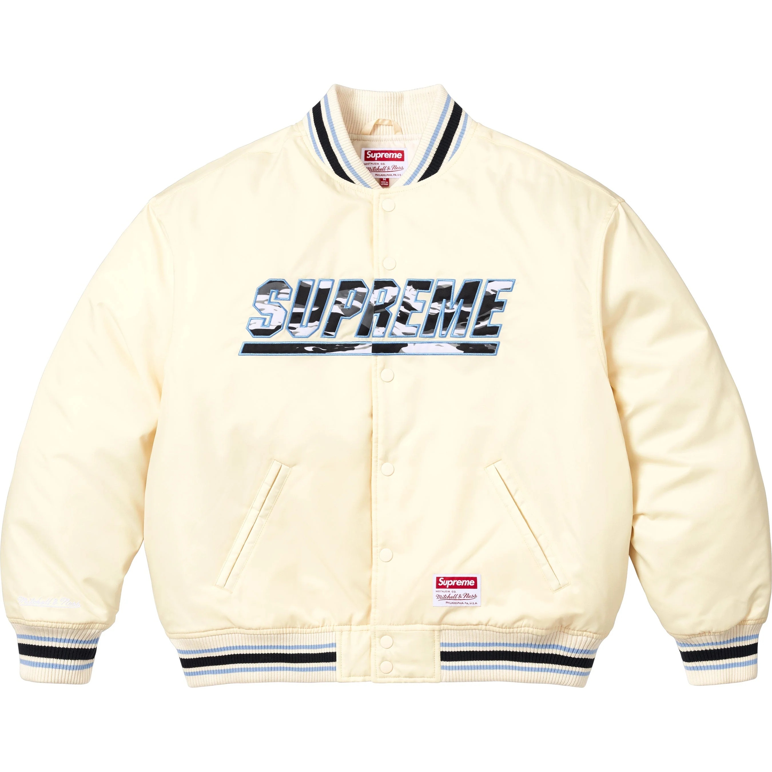 Supreme Supreme Mitchell & Ness Camo Logo Varsity Jacket (SS25) - White - $268