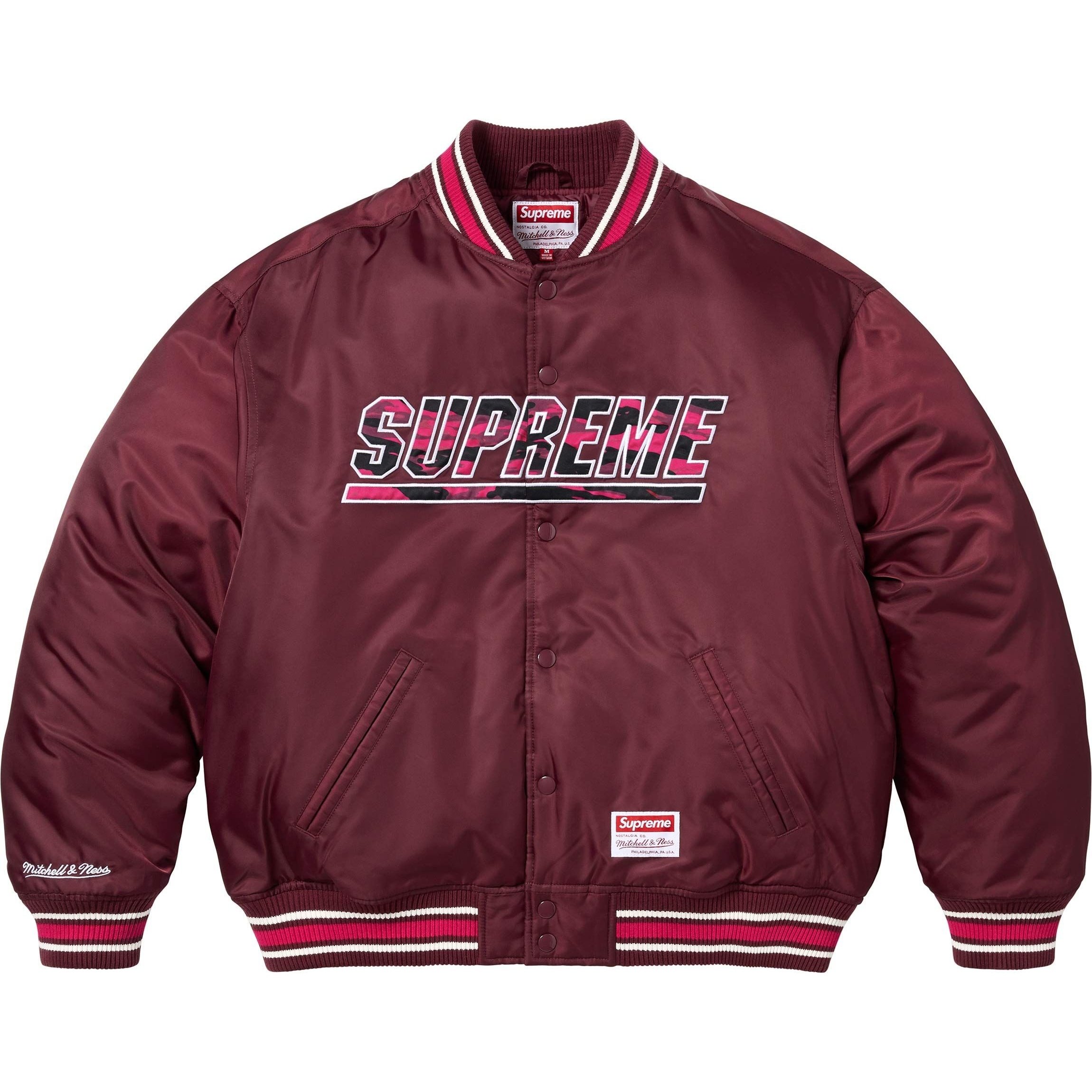 Supreme Supreme Mitchell & Ness Camo Logo Varsity Jacket (SS25) - Burgundy - $268