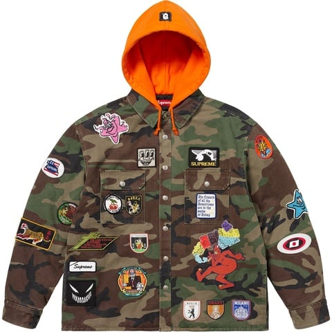 Supreme Patches Hooded Zip Up Shirt - Woodland Camo