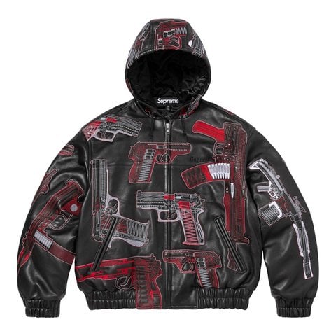 Supreme Guns Embroidered Hooded Leather Jacket - Black