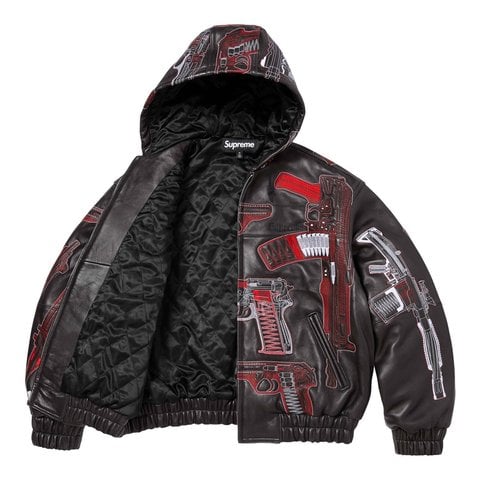 Supreme Guns Embroidered Hooded Leather Jacket - Black