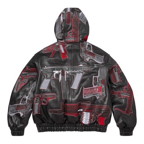 Supreme Guns Embroidered Hooded Leather Jacket - Black