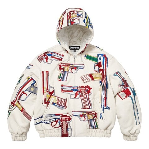 Supreme Guns Embroidered Hooded Leather Jacket - White