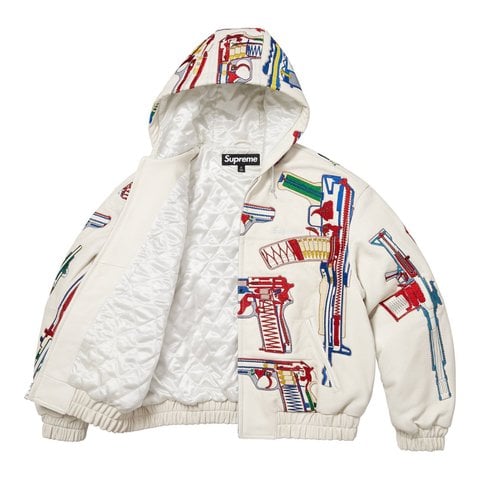 Supreme Guns Embroidered Hooded Leather Jacket - White