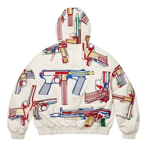 Supreme Guns Embroidered Hooded Leather Jacket - White