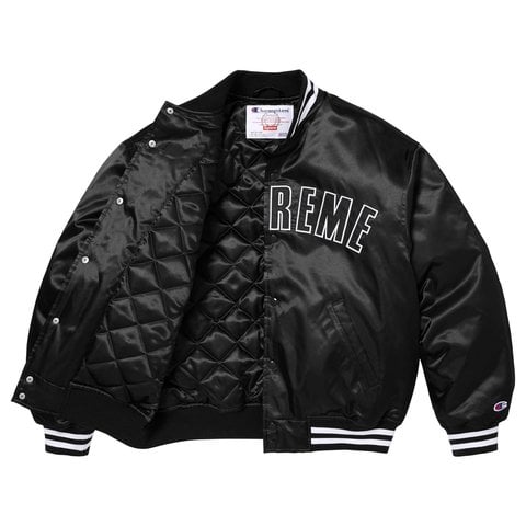 Champion x Supreme ジャケット Supreme Champion Hooded Satin Varsity Jacket Black Men's - FW18 - US
