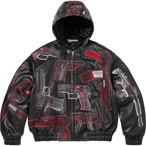 Supreme Guns Embroidered Hooded Leather Jacket - Black