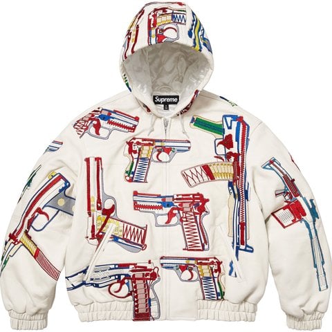 Supreme Guns Embroidered Hooded Leather Jacket - White