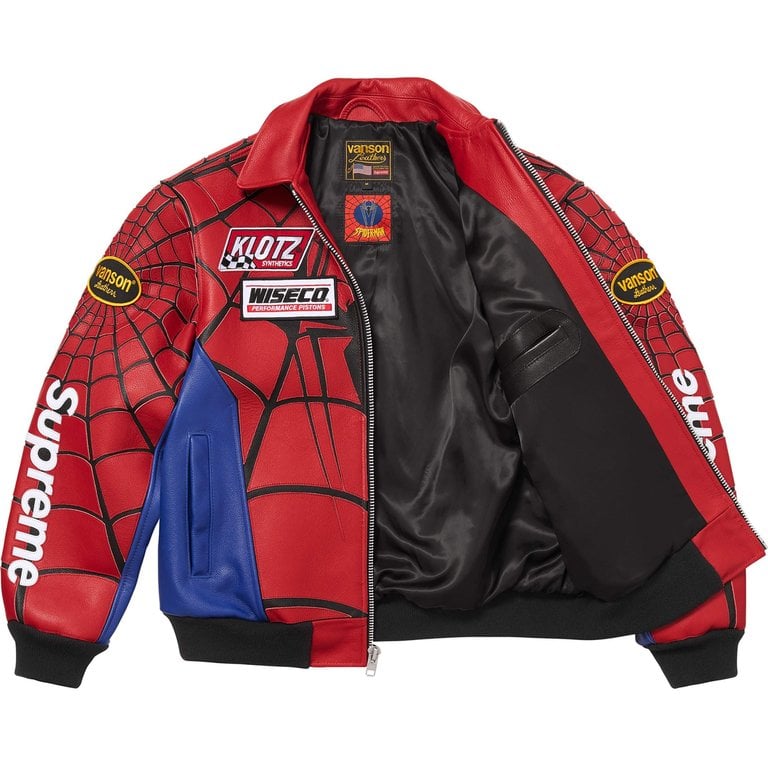 Supreme x Vanson Leathers Spider-Man leather jacket detail showing two-layer leather applique and embroidered logo patches