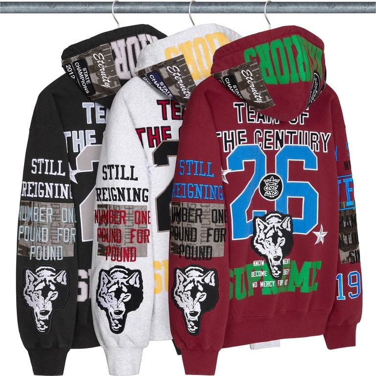 Supreme Warriors Applique Zip Up Hooded Sweatshirt SS26 Week 11 showing twill felt and chenille applique detail