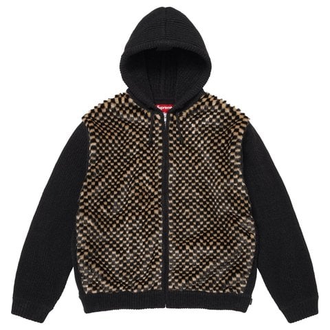 Checkerboard Faux Fur Zip Up Hooded Sweater - Supreme