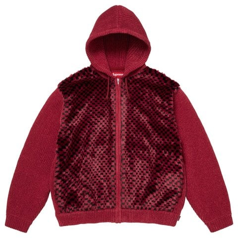 Checkerboard Faux Fur Zip Up Hooded Sweater - Supreme
