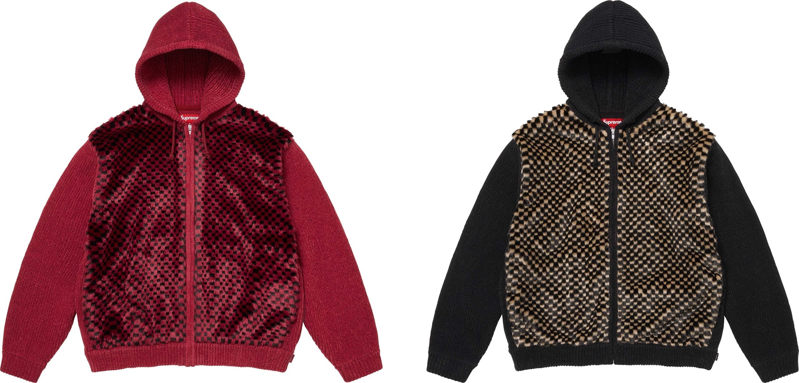 Checkerboard Faux Fur Zip Up Hooded Sweater - Supreme