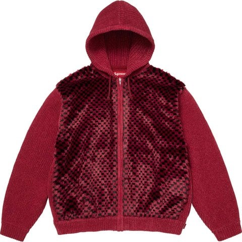 Checkerboard Faux Fur Zip Up Hooded Sweater - Supreme