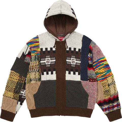 Supreme Patchwork Zip Up Hooded Sweater - Brown