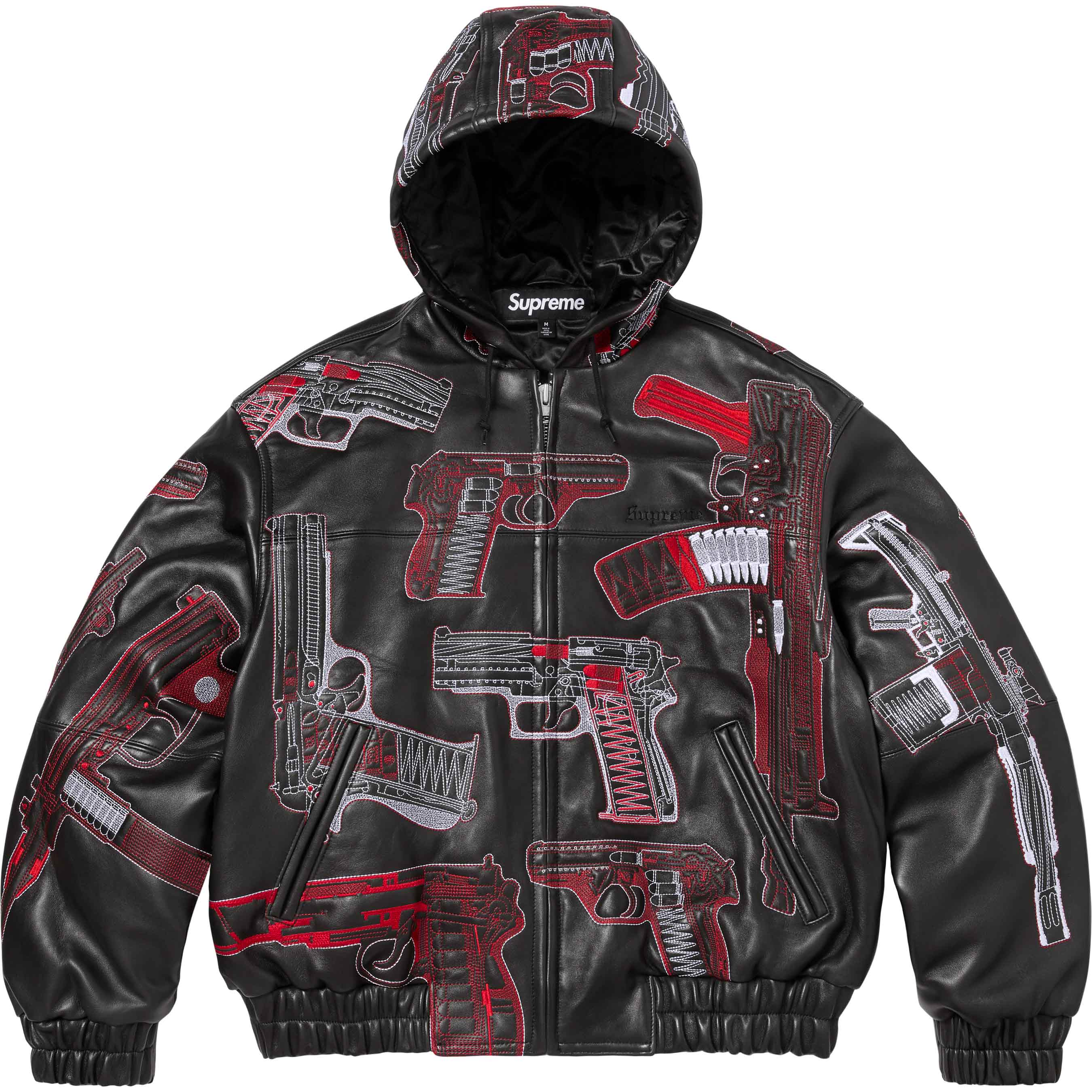 Supreme Guns Embroidered Hooded Leather Jacket Black